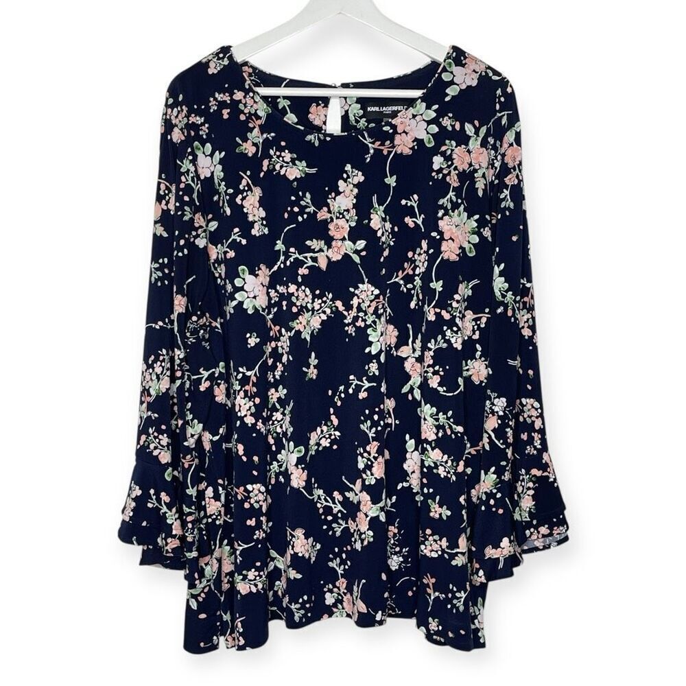 Karl Lagerfeld Paris Blue Pink Floral Ruffle Sleeve Blouse Top Women’s Size 2X